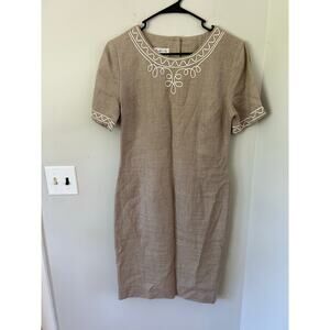 Vintage Talbots 100% Linen Dress Button-Back Closure Embellished Neckline Size 6